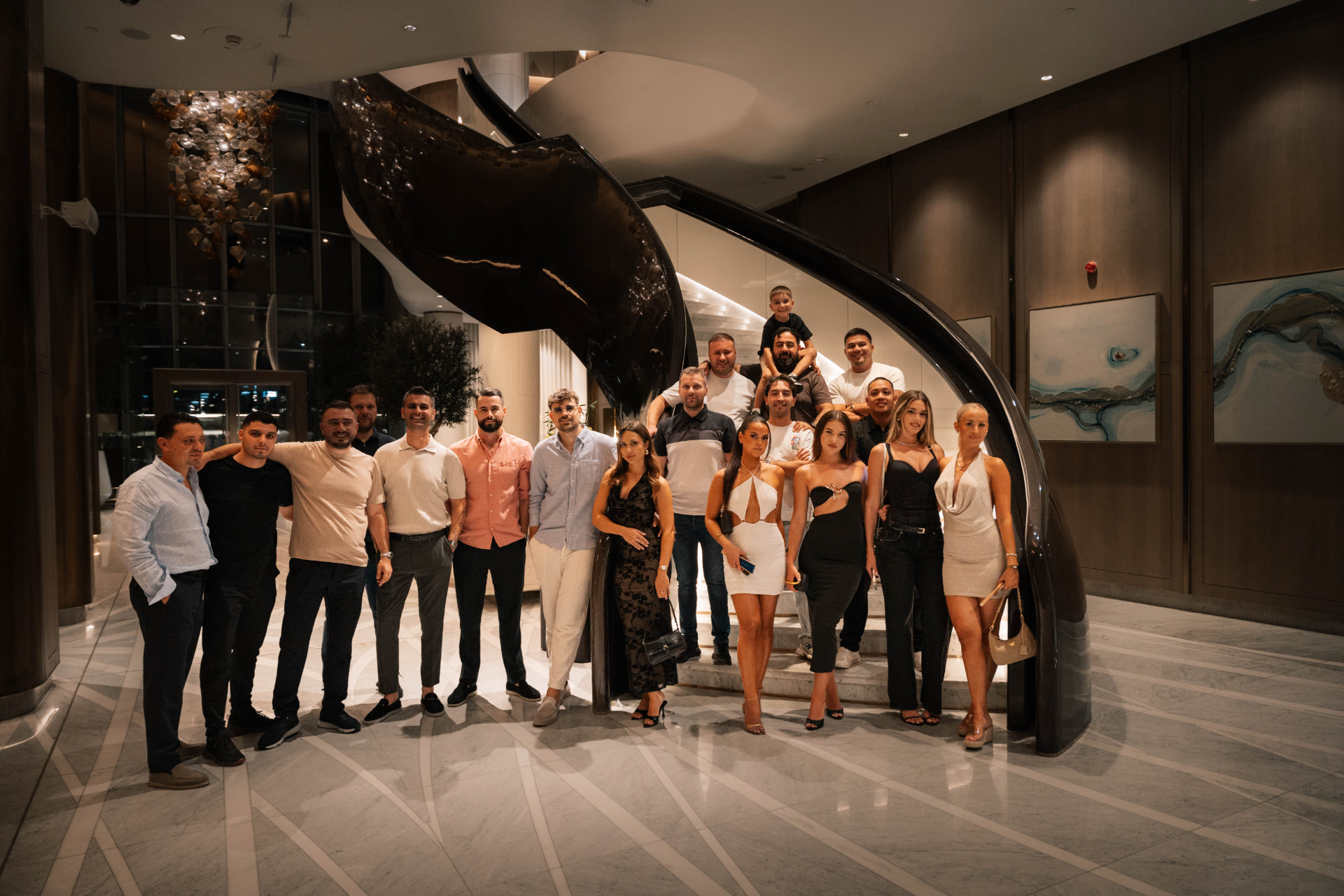 The rally family gathered in a hotel lobby