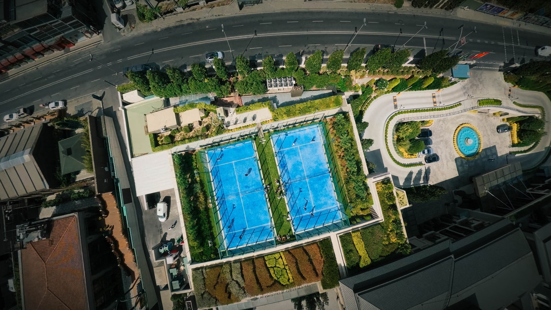 The hotel and courts seen from the drone