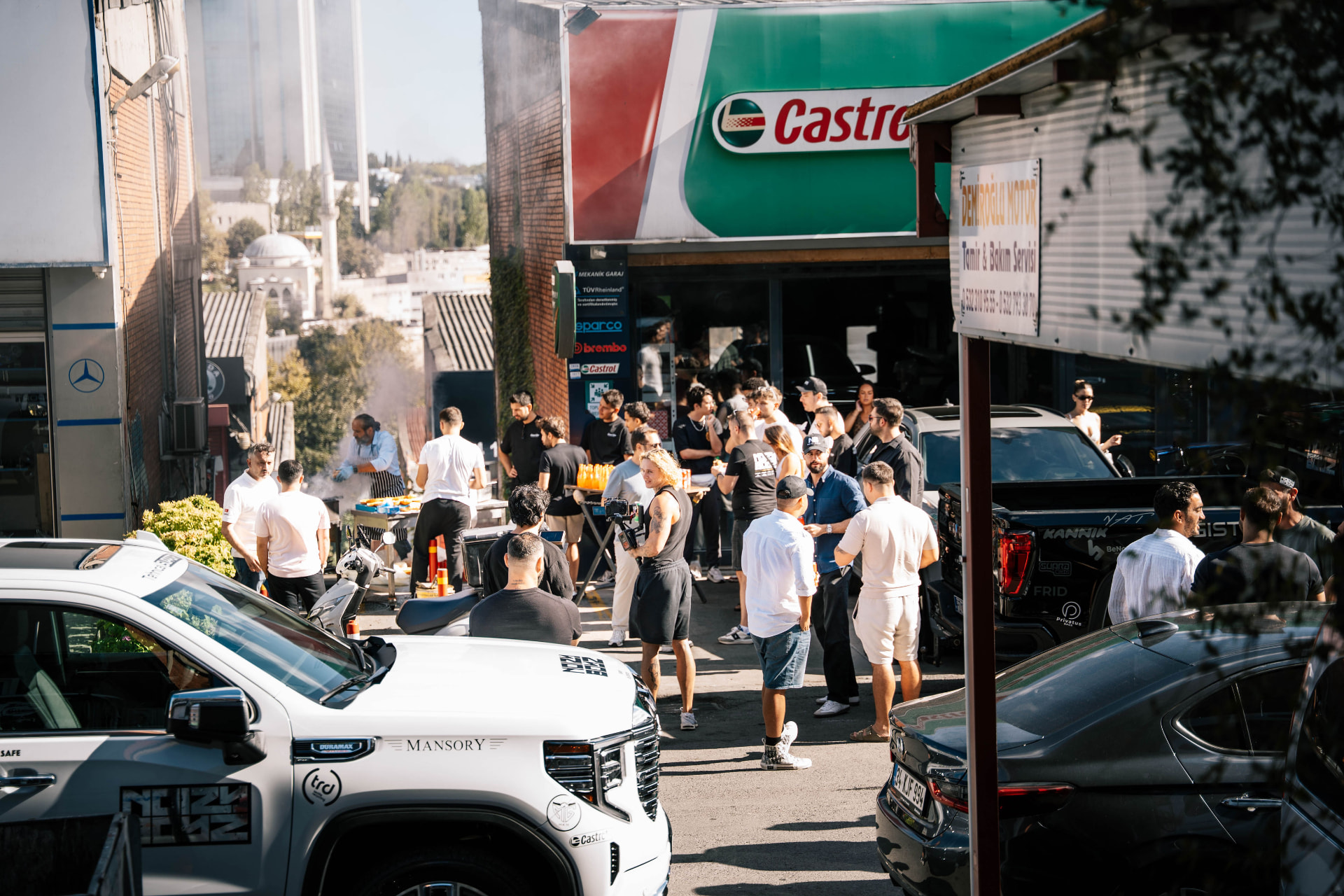 The convoy gathering at a fuel stop